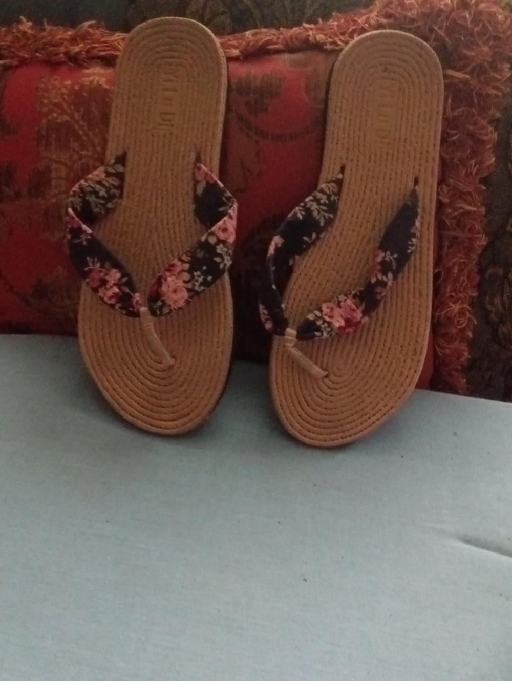 Women's Floral Black Floral Flip Flop Sandals with Tan Footbed
